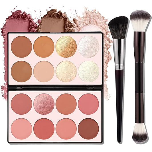 16 Color Contour Palette Makeup with 2 Brushes - Blush Highlighter Bronzer All-in-One Makeup Palette Contour Set - Face Cosmetics Gift, Holiday Beauty for Women (SET2)
