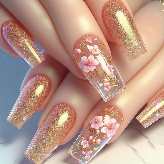 Medium Press on Nails Square Fake Nails Floral False Nails Sparkly Artificial Nails with Flowers Designs Stick on Nails for Women 24pcs