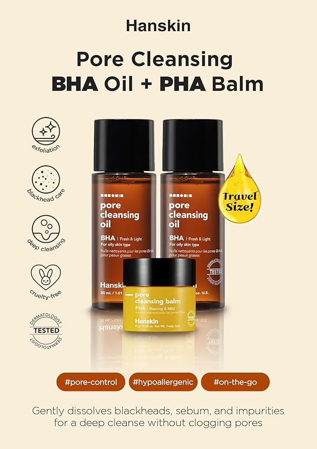 Hanskin BHA Pore Cleansing Oil and PHA Cleansing Balm, Sample Trial Size, Travel Size Mini Makeup Remover Set, Gentle Blackhead Cleanser for Combination and Oily Skin [30 ml/Pack of 2] + [8g/PHA Balm]