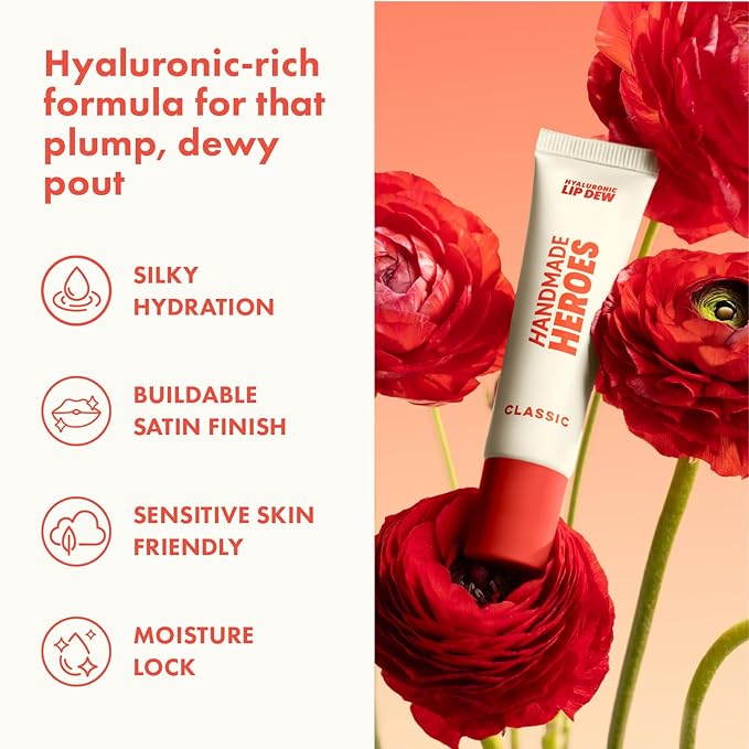 Handmade Heroes 100% Natural Vegan Tinted Lip Gloss with Hyaluronic Acid - Lightweight Moisturizing Soft Lipstick for Dry Lips - Classic (Red)