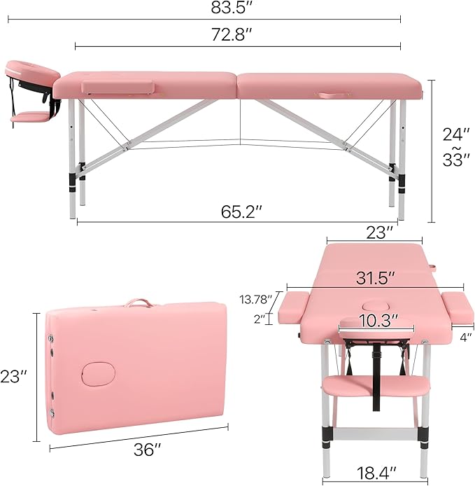 Massage Table Massage Bed, Portable 2 Section Foldable Tattoo Bed, Height Adjustable Lash Spa Bed with Face Cradle, Home Light Weight Facial Salon Bed with Aluminum Frame, Light Pink