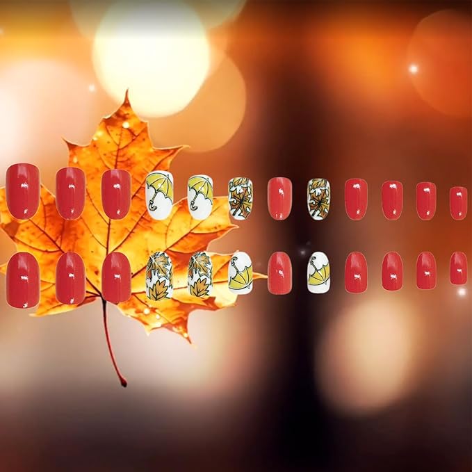 24Pcs Maple Leaf Press on Nails Fall Leaves Stick on Fingernails Glossy Yellow Umbrella Acrylic Fake Nail Thanksgiving Medium Almond False Nails Autumn Gel Glue on Nail for Coquette Women Girls