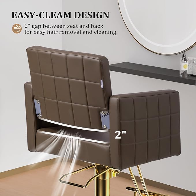 mefeir Brown and Gold Barber Chair Hair Salon Chair with Heavy Duty Hydraulic Pump, Square Base, Stainless Steel Footrest,Styling Chair for Beauty Spa Hairdressing Braiding
