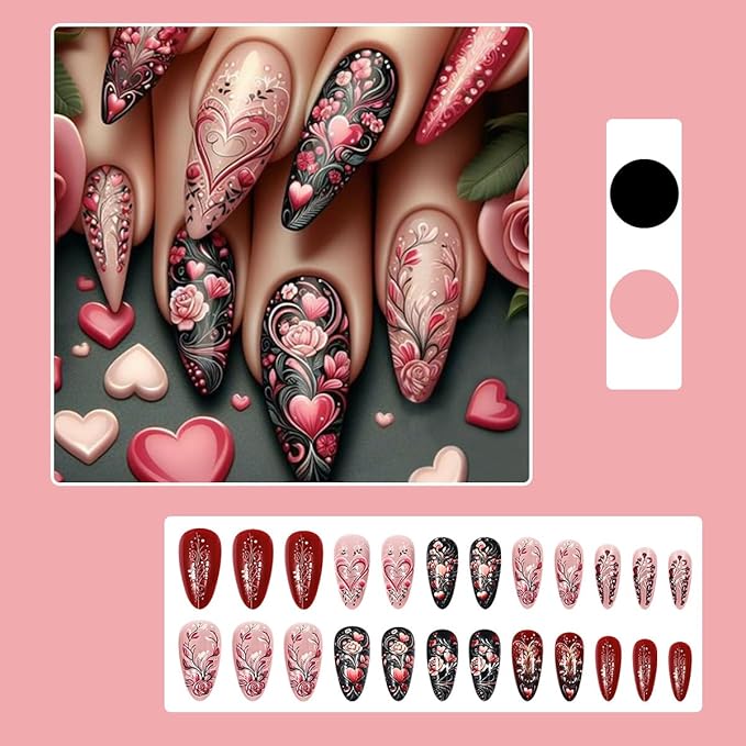 24Pcs Valentine's Day Press on Nails Long Almond Fake Nails Pink Love Heart False Nails Flower Rose Full Cover Glue on Nails Valentines Artificial Stick on Nail Glossy Acrylic Nails for Women Manicure
