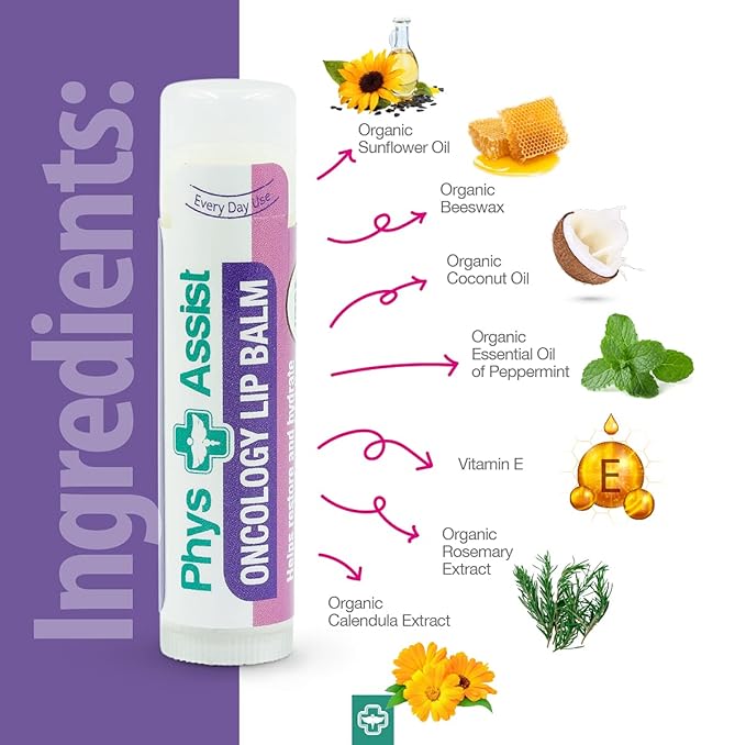 Oncology Lip Balm USDA Organic, Hydrate Dry, Parched Lips. Moisturizing -3 Pack