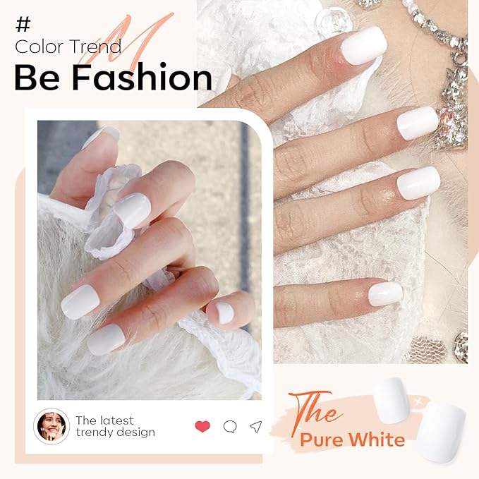 Modelones Pure White Press on Nails for Women, Short Square Fake Nails, Reusable Nail Kit with Nail Glue Adhesive Tabs Mini Nail File, Christmas Nails Press Ons 32Pcs16 Sizes, Women Girl Gift