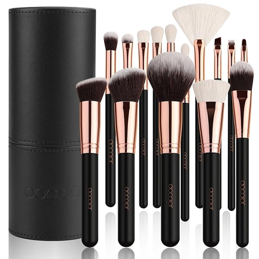 docolor Makeup Brush Set Professional, 15 PCS Black Wood Handle Makeup Brushes, Premium Cruelty-Free Synthetic Fiber Hair, Travel Make up Brushes Set with Case