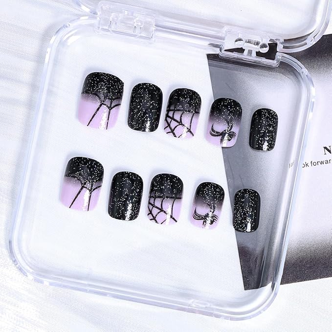 24Pcs Halloween Press on Nails Short Square Fake Nails Spider Press ons Glitter Black Gradient Acrylic Nails Halloween False Nails Spider Web Glue on Nails Spider Nails Holiday Goth Artificial Nails