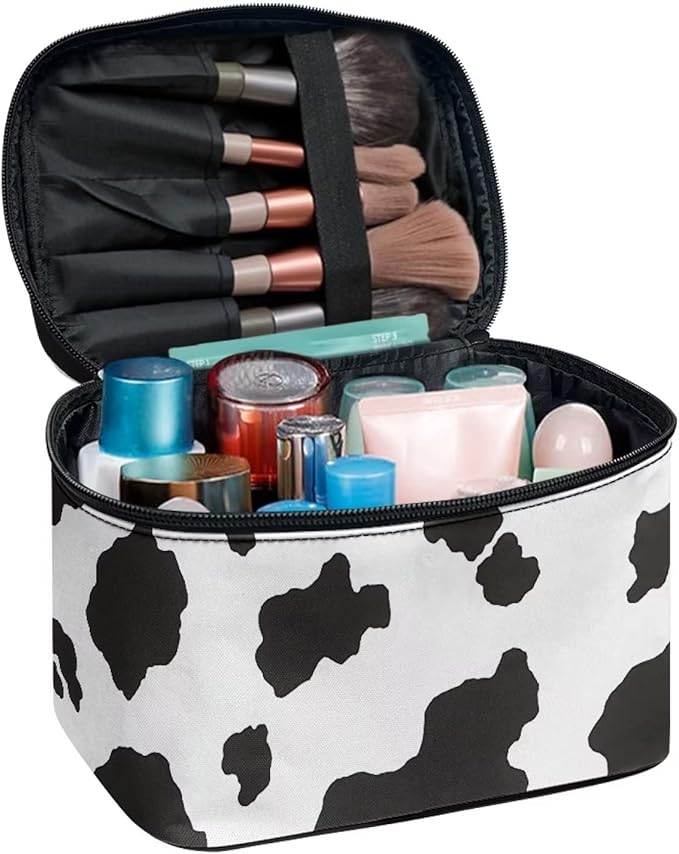 White Black Cow Cowhide Cute Print Portable Makeup Bags for Women Large Capacity Cosmetic Organizer and Storage Pouch with Zipper and Handle Travel Toiletry Accessories