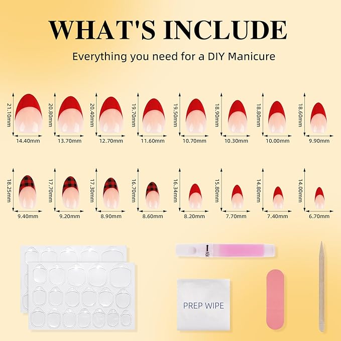 French Tip Press on Nails - Glossy Red Press on Nail, Short Almond Fake Nails Reusable Nails Press ons for Women, 32 Pieces in 16 Sizes False Nails Kit with Glue, Tartan Cheer