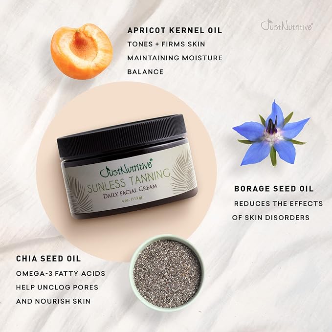 Sunless Tanning Daily Facial Cream | Self-Tanner | Sunless Tanning Lotion | Self-Tanning Lotion | Sunkiss Glow | Just Nutritive | 4 Oz