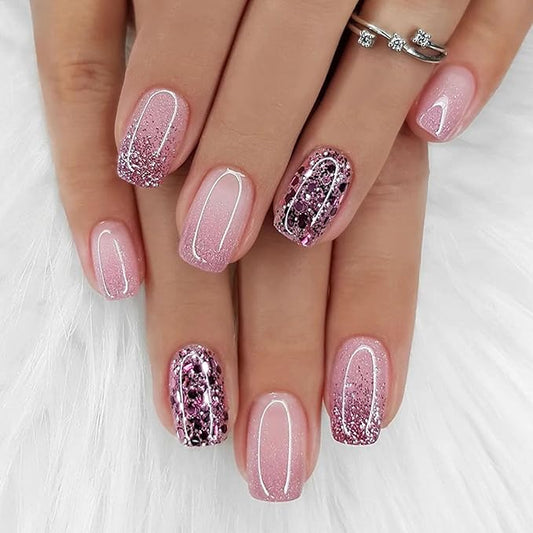 Press on Nails Medium Square Fake Nails with Glitter Sequins Designs Gradient Nails Press ons Glossy Glue on Nails Daily Wear Simple Acrylic Nails Purple False Nails Stick on Nails for Women 24Pcs