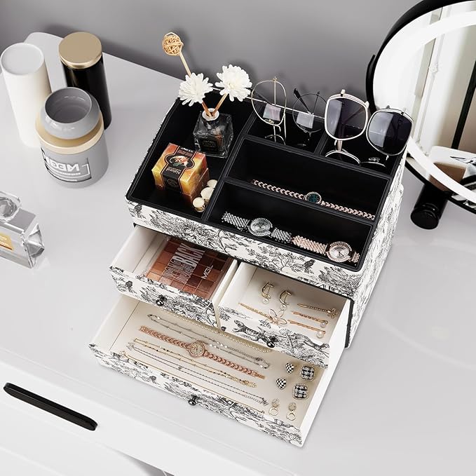 GORESE Leather Makeup Organizer with 3 Drawers for Vanity, Stackable Skincare Holder Dresser Organizer Countertop, Make Up Storage Organizers Counter Cosmetic Display Case Gift for Women(Retro Black)