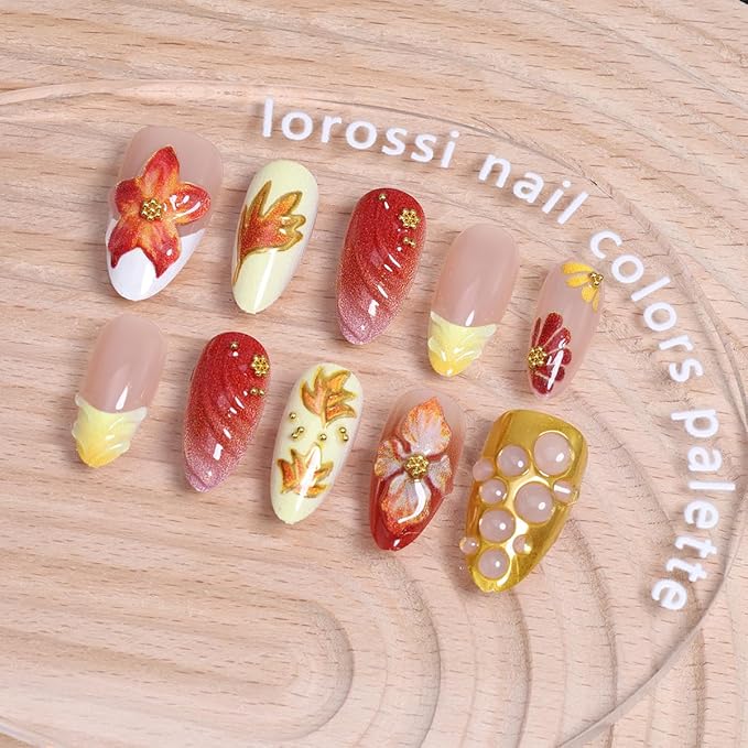 30Pcs Fall French Tip Press on Nails Medium Almond Thanksgiving Fake Nails 3D Flower with Gold Bead Glitter Designs Autumn Holiday Stick on Nails with Glue Maple Leaf False Nails for Women Acrylic