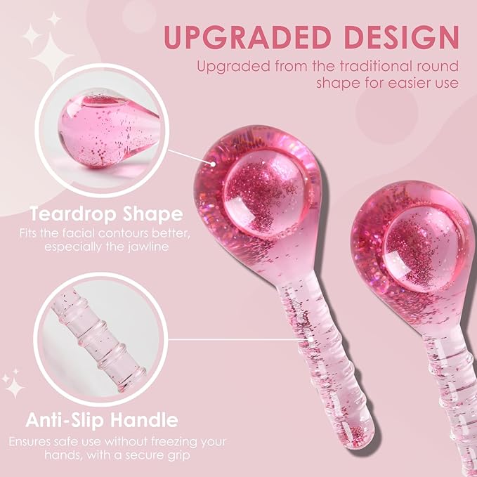 Lazzybeauty Ice Globes Facial Cooling Tools, Cryo Beauty Balls with Anti-Slip Handle for Face, Eyes & Neck, Soothing Cold Massage Tool for Relaxing & Refreshing Skincare Routine, Glitter Pink