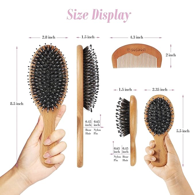 Hair Brush Set - Boar Bristle for Women Men Kids All Hair Types, Detangling & Smoothing, Regular & Small Travel Brush, Wooden Comb, Travel Bag, Spa Headband, Cleaner Included