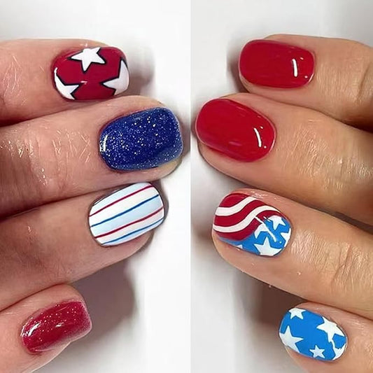 2 Packs 48Pcs Independence Day Press on Nails Short Square Fake Nails Stripe Star False Nails Patriotic Flag Patter Full Cover Acrylic Nails Glue on Nails for Women 4th of July Manicure Decoration