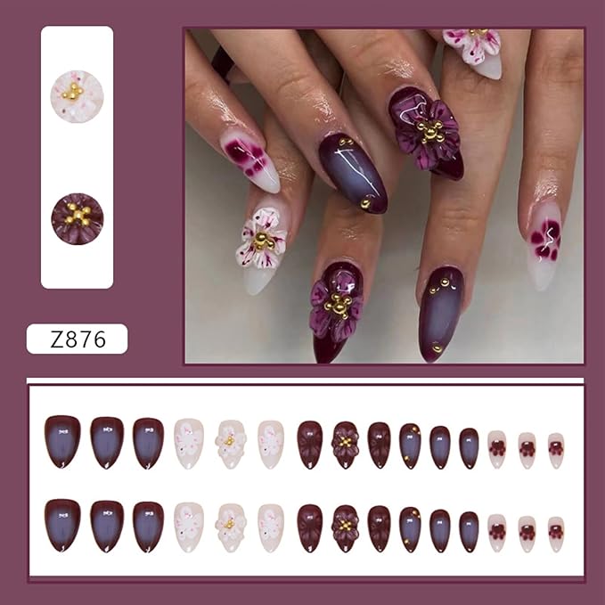 3D Purple Flowers Press on Nails Medium Almond Fake Nails with Purple Flower Charms Design Gold Beads False Nails Floral Glue on Nails Purple White Artificial Stick on Nails for Women Girls 24Pcs