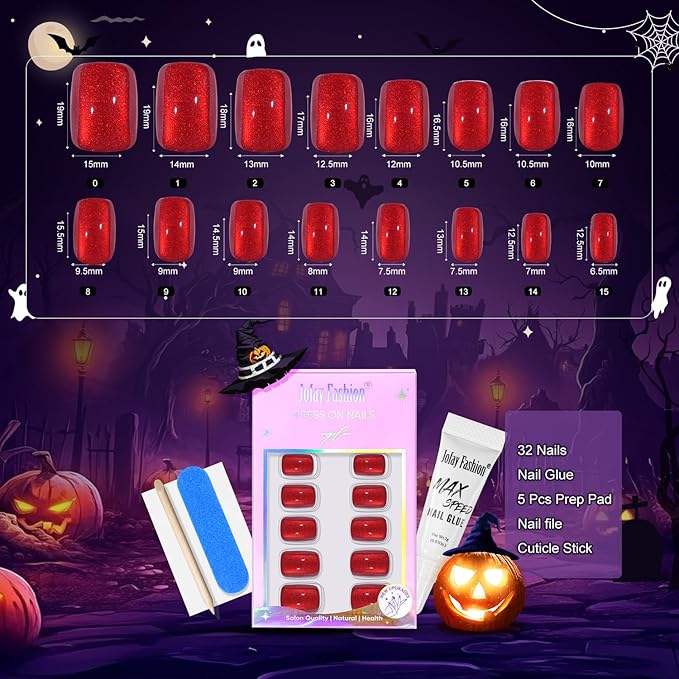 Press On Nails Short - Red Press On Nails Cat Eye Acrylic Square Red Nails with Nail Glue, Fit Perfectly Stick On Nails in 16 Sizes - 32PCS Soft Gel Kit,Crimson Fang