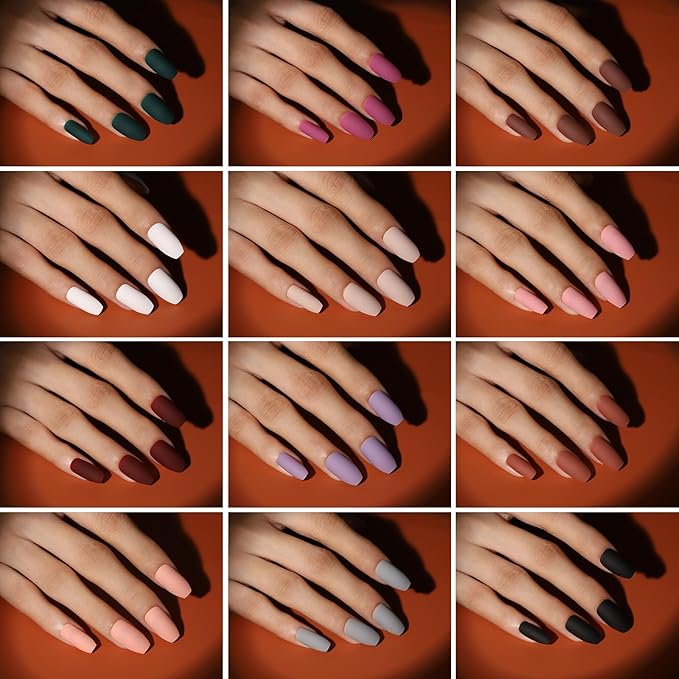 FANDAMEI Press on Nails, 12 Packs 288PCS Matte Press on Nails Medium Length, Short Fake Nails Full Cover, Ballerina Coffin with 7g Nail Tips Glue