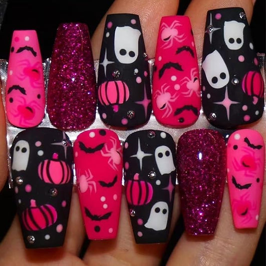 30Pcs Halloween Press on Nails Medium Square Fake Nails Full Cover Black Pink False Nail with Spider Pumpkin Bat Design Glue on Nail Cute Ghost Stick on Nails for Women Halloween Manicure Decoration