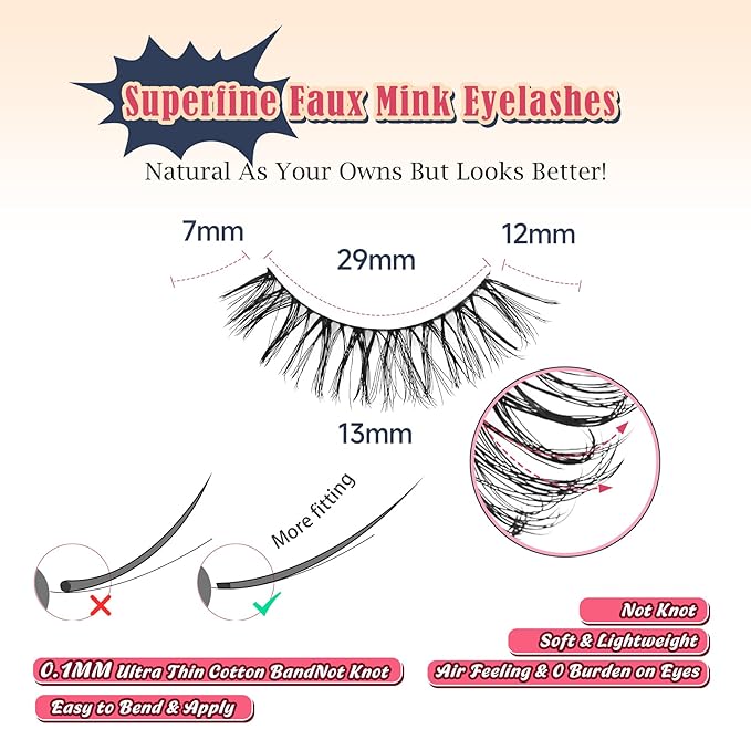 Lashes Cat Eye False Eyelashes Wispy 13MM Natural Lashes with Memory Band C Curl Lash Strips 3D Volume Fake Eyelashes Natural Look Siligli 7 Pairs
