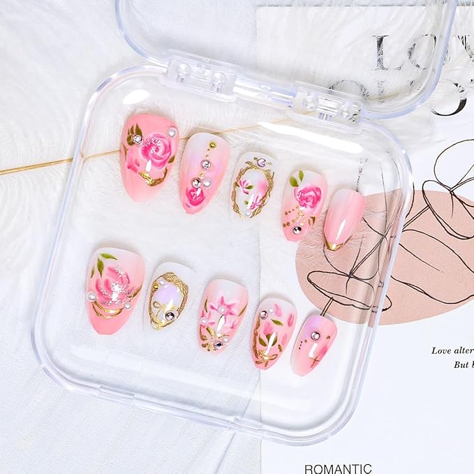 24Pcs Flower Press on Nails Almond Short Fake Nails with Pearl Rhinestones Design Handmade Acrylic Nails Pink Rose Glue on Nail 3D Gold Chrome French Tip False Nails Cute Floral Bow Artificial Nail