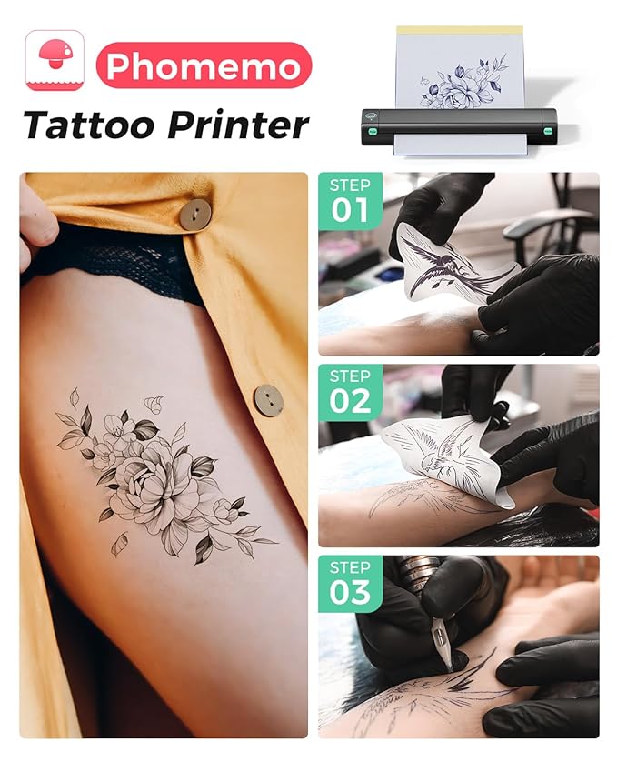 Phomemo Wireless Tattoo Stencil Printer, with Storage Case & 10 Pcs Tattoo Transfer Paper, Bluetooth Transfer Printer for Artists, Beginners, Compatible with Phone & PC