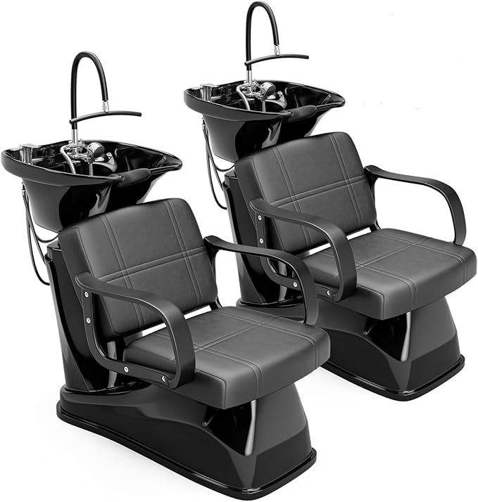 SyyBhb Shampoo Chair and Bowl Set of 2 for Salon, Head Spa Waterfall and Sprayer, Tilting ABS Bowl, Distance Adjustable Seat, Barbershop Spa Equipment