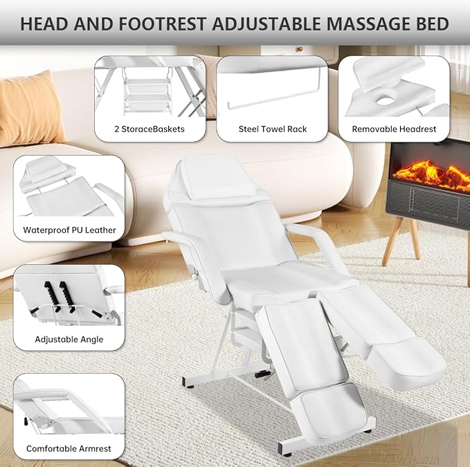 Facial Chair, Foldable Tattoo Chair with Split Legs Hydraulic Stool Massage Table Spa Bed for Beauty Capacity 330lbs White