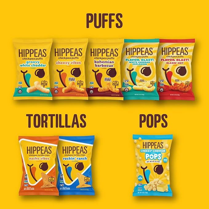 Hippeas Chickpea Puffs, Variety Pack: Vegan White Cheddar, Nacho Vibes, 0.8 Ounce (Pack of 30), 3g Protein, 2g Fiber, Vegan, Gluten-Free, Crunchy, Plant Protein Snacks