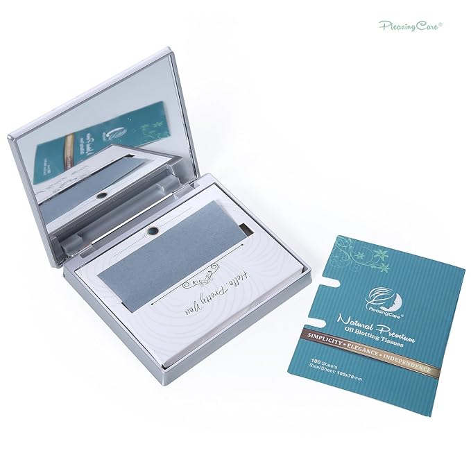 Makeup Mirror with Facial Oil Blotting Paper Sheets - Bamboo Charcoal 100 Counts, Silver Compact Folding Cosmetic Travel Mirror