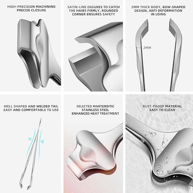 20mm Precision Butterfly Tweezers for Beard, Eyebrows, Facial & Ingrown Hair - Wide Tip, Stainless Steel - Hair Removal Tool with Anti-Slip Slot & Case - for Men & Women