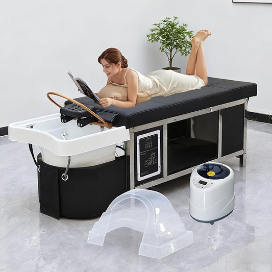 Stationary Head Spa Bed, Massage Shampoo Bed with Steaming & Water Circulation, Steel Headspa Equipment, Professional Massage Table for Beauty Salon Barber,Stainless Steel