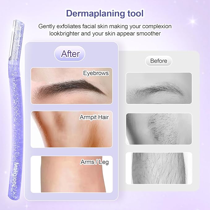 Women’s Dermaplane Razor for Face & Eyebrow - Anti-Cutting Japanese Blades for Eyebrow and Facial Hair Removal, Achieve Silky Skin and Perfect Brows (Purple, 12 Count)