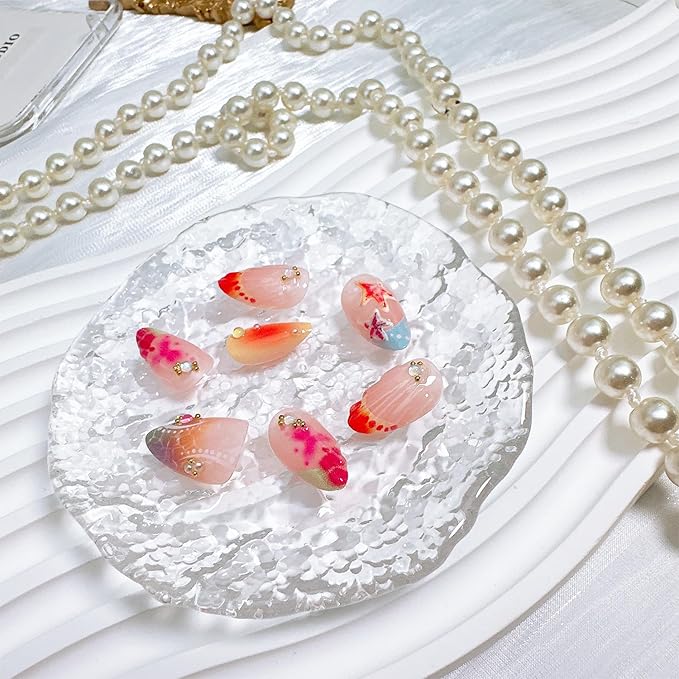 30pcs French Tip Press on Nails Medium Almond Fake Nails with 3D Starfish Shell Pearl Gold Beads Rhinestones Designs Summer False Nails Beach Acrylic Nails Kit Full Cover Stick on Nails for Women