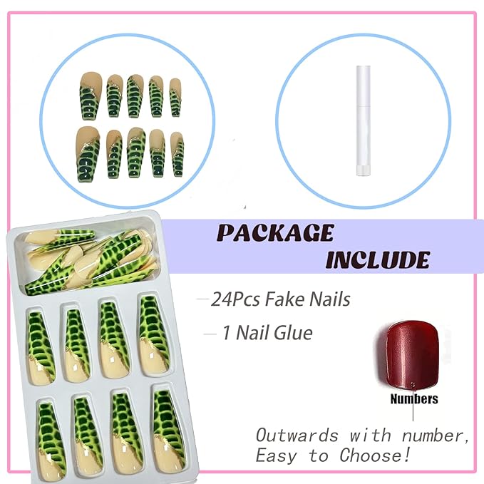 BABALAL Long Coffin Press-On Nails - Green French Tip Acrylic With Crocodile Pattern - 24Pcs Ballerina False Nails for Women and Girls