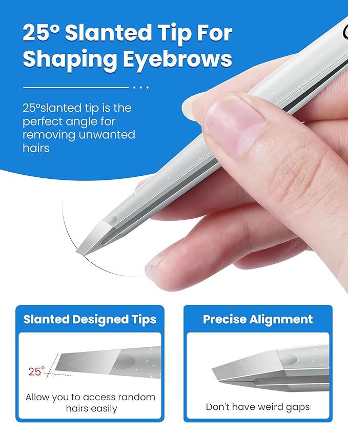 Expert Slant Tip Tweezers with Leather Case, GlamTweeler Sharp & Precision Stainless Steel Tweezer for Eyebrows, Facial Hair and Fine Hairs Removal (Sparkle Silver)