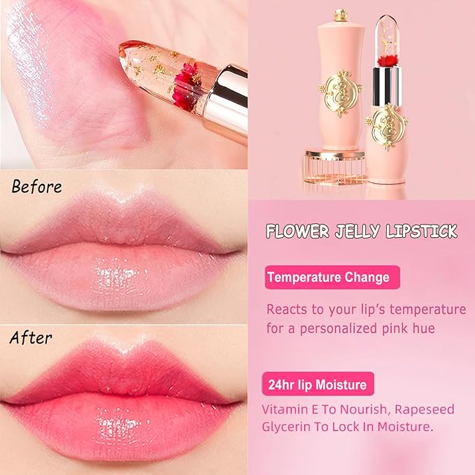 firstfly Pack of 6 Crystal Flower Jelly Lipstick, Long Lasting Nutritious Lip Balm Lips Moisturizer Magic Temperature Color Change Lip Gloss (Pink)