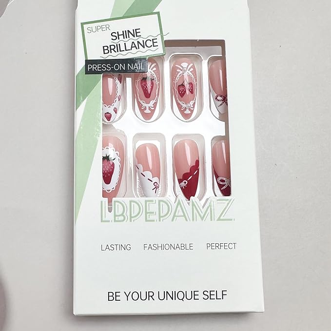 24Pcs Strawberry Press on Nails Medium Almond Fake Nails with 3D Pearl Design Cute Bow Tie Rhinestones Acrylic Nails False Nails Strawberries Red French Tip Glue on Nails for Women Decor