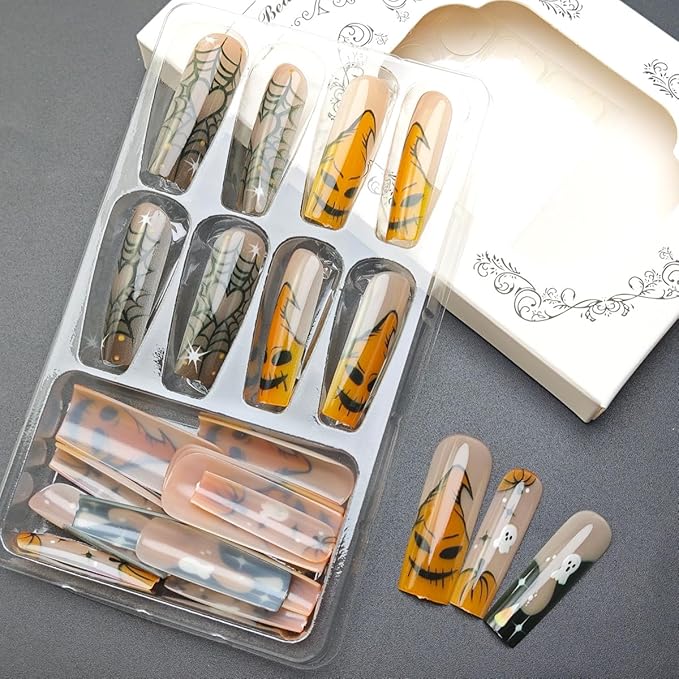 24Pcs Halloween Press on Nails Long Square French Tip Fake Nails Orange Pumpkin with Black Spider Web Monster Goth Design Cute Ghost False Nails Glossy Stick on Nails for Women Acrylic Holiday DIY