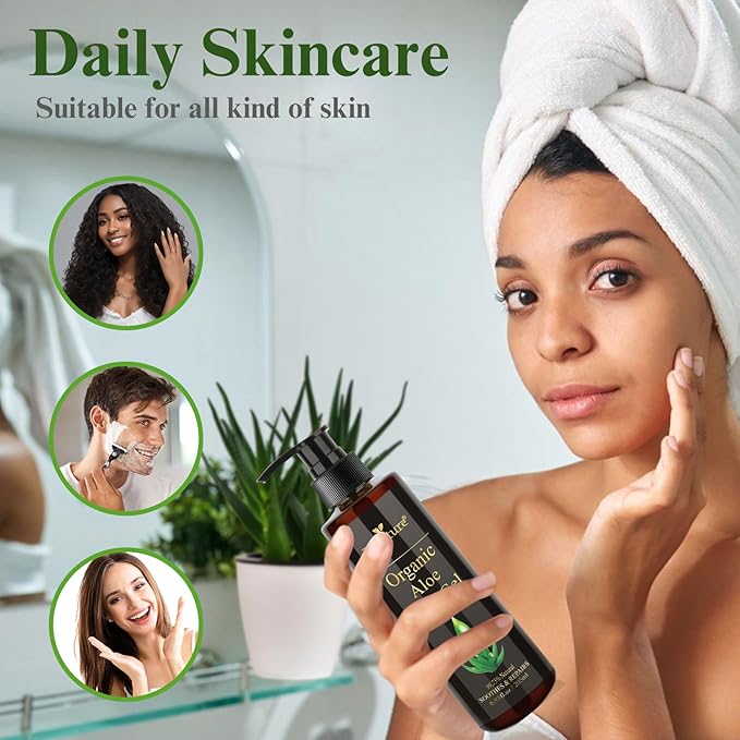 Aloe Vera Gel for Skin, Aloe Vera Gel Infused with Tea Tree Oil for Hydrating, Repair Skin, Organic Aloe Vera Gel Extract from Fresh Pure Aloe Vera for Sunburn Relief, Hair, Razor- 6.76 Fl Oz