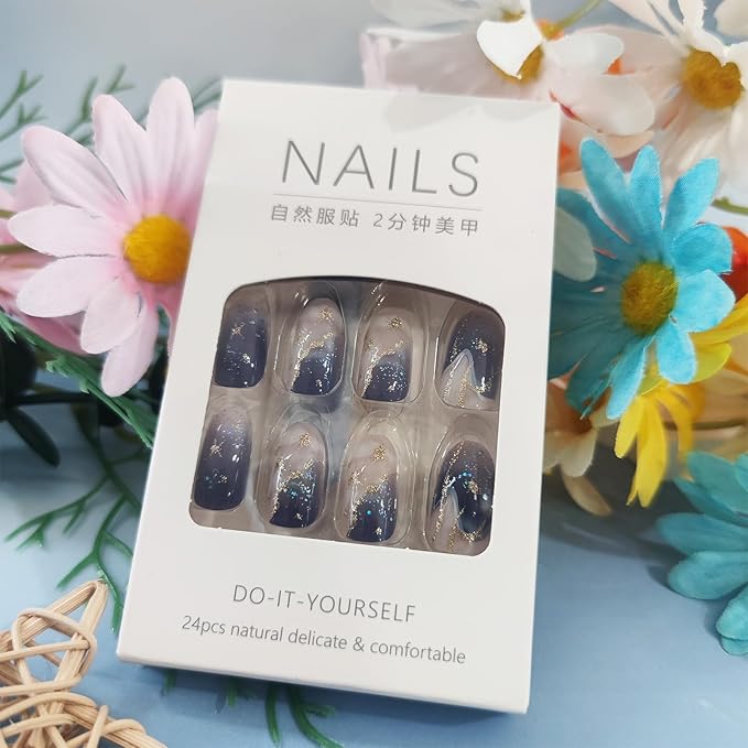 24Pcs Milky Way Press ons Fingernails Glossy Gold Glitter Medium Almond False Nail Stars Gel Glue on Acrylic Fake Nails Blue Gradient Stick on Nail Starry Sky Press on Nails for Holiday Manicure Art
