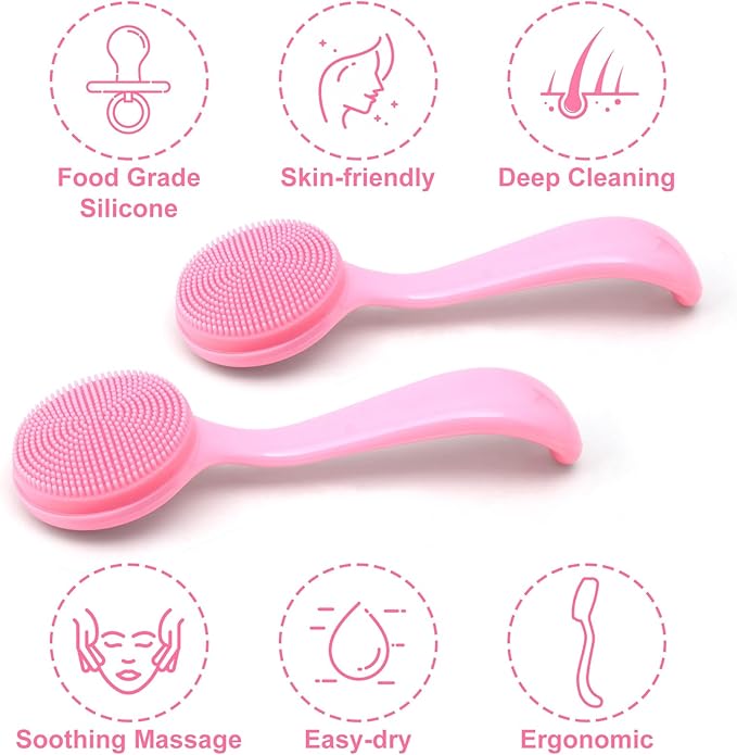 2 Pack Silicone Manual Facial Cleansing Brush, Skin Friendly Waterproof Face Cleaning Scrubber Exfoliator Cleanser for Blackheads Whiteheads Makeup Residues Removal- Pink