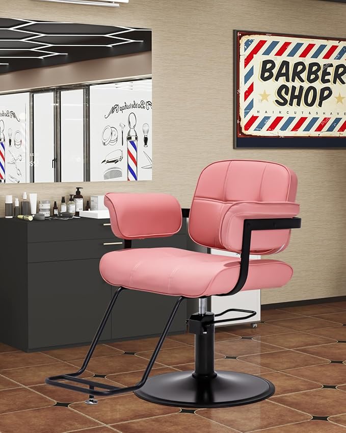 Barber Salon Chair, Extra Wide Hair Styling Chair with Heavy Duty Hydraulic Pump, 360° Swivel Height Adjustable Braiding Design, Luxury Beauty Salon and Barbershop Equipment, Pink