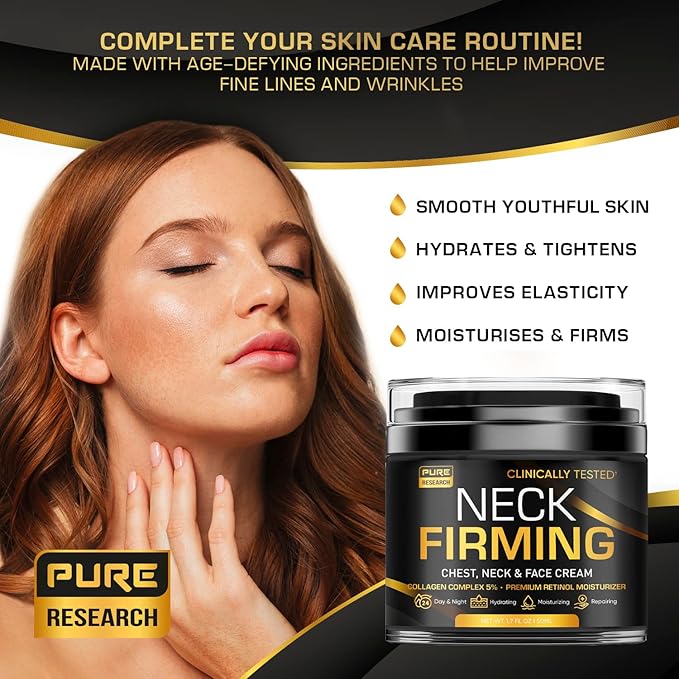 PURE RESEARCH Neck Firming Cream - Anti Wrinkle Cream Day & Night Face Neck and Décolleté Cream - Moisturizing, Lifting & Hydrating