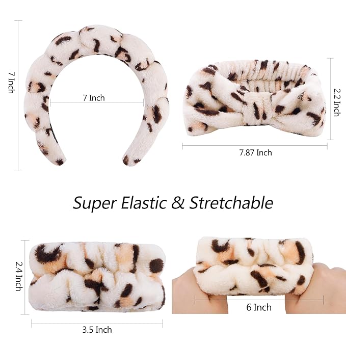 VELSCRUN 6 Pack Spa Headband, Makeup Headband, Face Wash Headbands, Skincare Headbands, Leopard Sponge Hair Band Bow Tie Spa Head Band for Washing Face Wristband Set Hair Accessories for Women Gifts