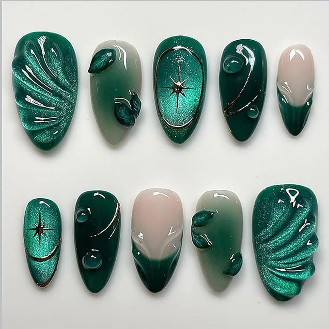 24Pcs Green Press on nails Medium Almond Glitter Fake Nails 3D Leaves Star Rhinestones Designs Full Cover Ombre Stick on Nails French Tip False Nails for Women Girls Acrylic Nail Decorations DIY