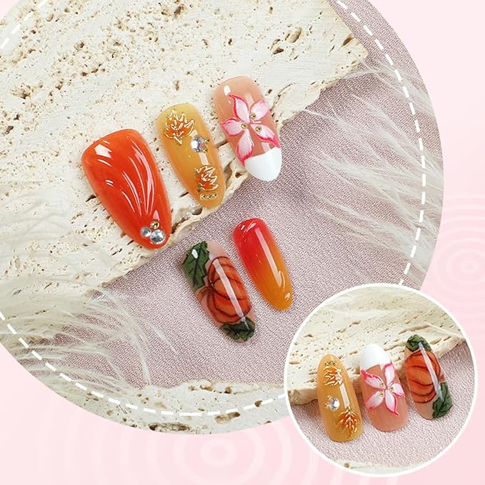 30Pcs Fall Press on Nails Almond Medium Maple Leaf Fake Nails with 3D Flower Pumpkin Designs Autumn Thanksgiving Maple Leaves Nail Tips Gold Bead Rhinestone Full Cover Acrylic Stick on Nails for Women