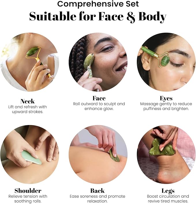 ROSELYNBOUTIQUE Gua Sha Facial Tools & Jade Roller Original Face Massager for Puffiness Wrinkless Skin Care Routine - Self Care Gift for Men Women